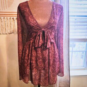 Shein Curve Maroon Floral Bell Sleeve Sheer Blouse | Whimsigoth & Boho | Size 1X